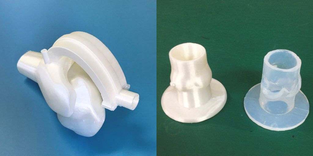 使用3D打印机制作的人工关节安装器具（左）、缝合训练用模型（右）